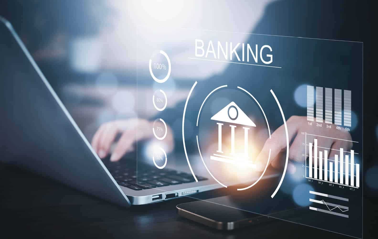 A graphic reads "Banking" beside a laptop. 