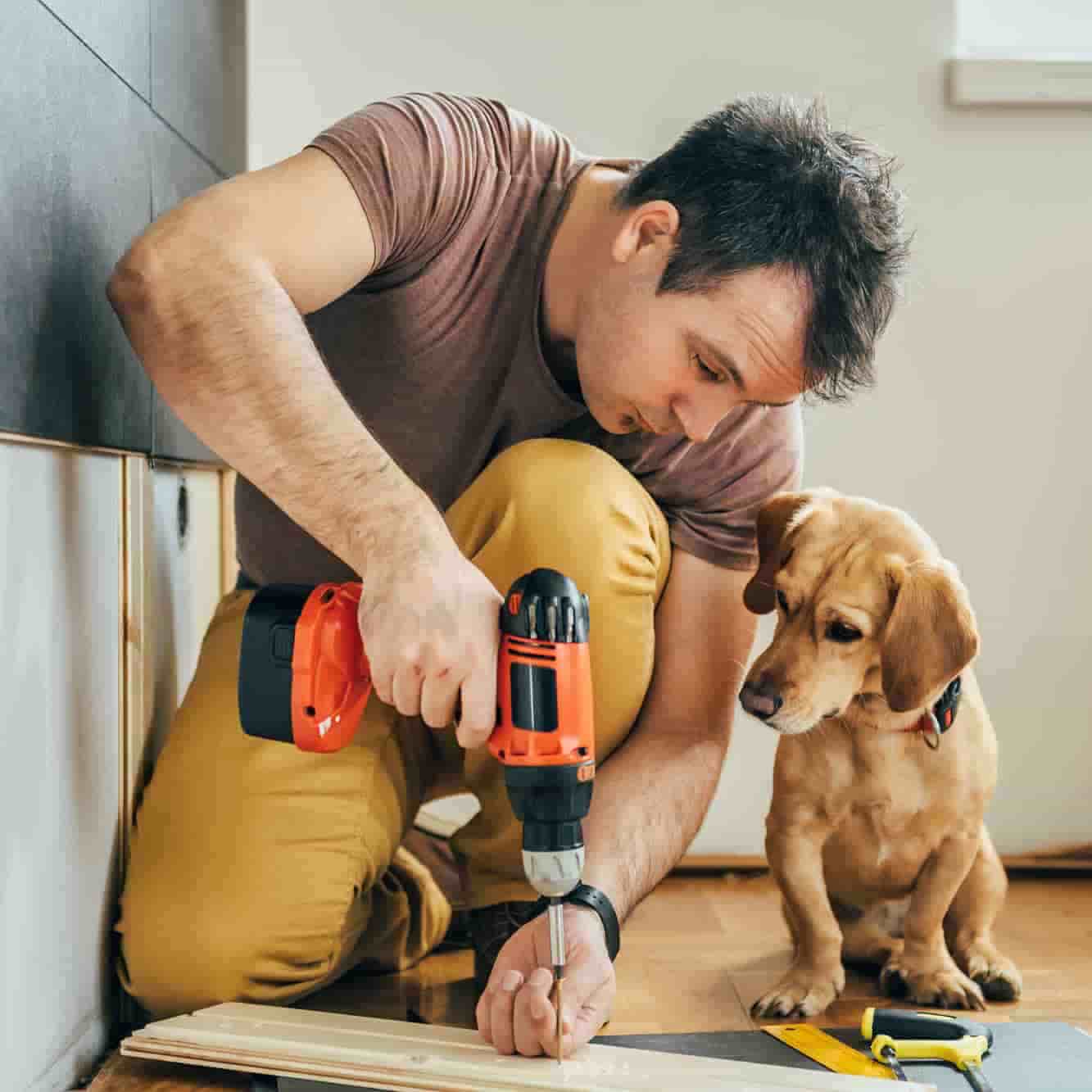 A man is using a power tool. His small dog is watching. 