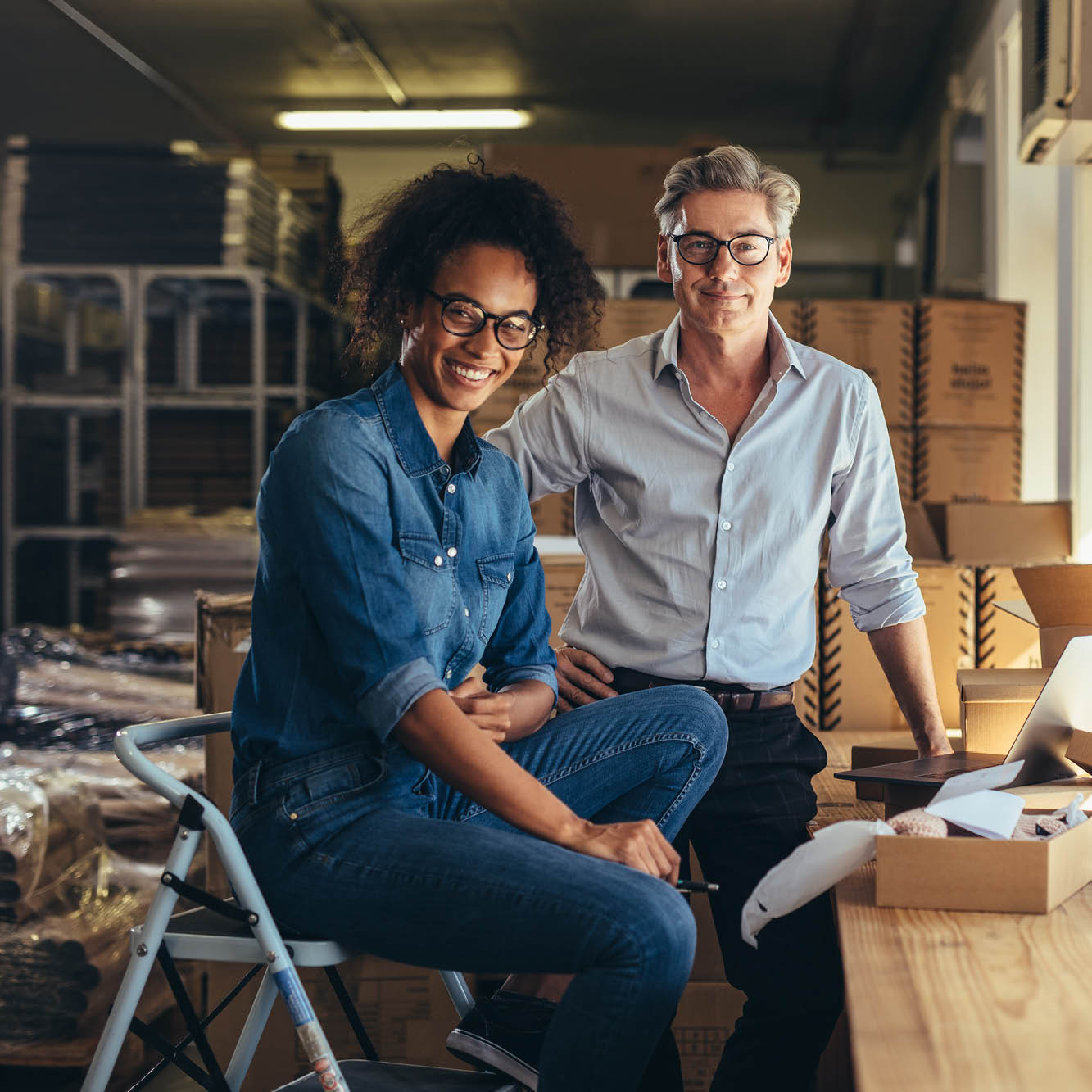 man and woman packaging in warehouse